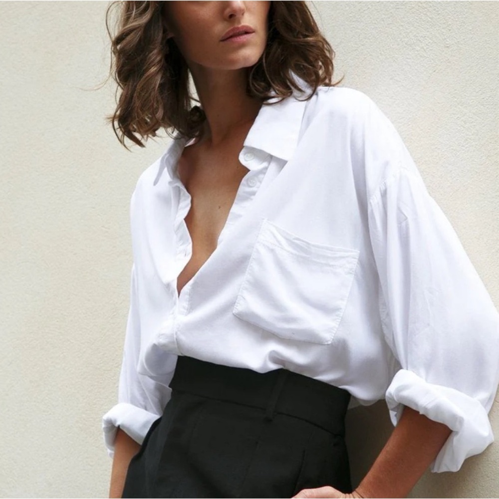 THE FRANKIE SHOP White Oversized Silky Slouchy Rayon Button-Up Blouse Top